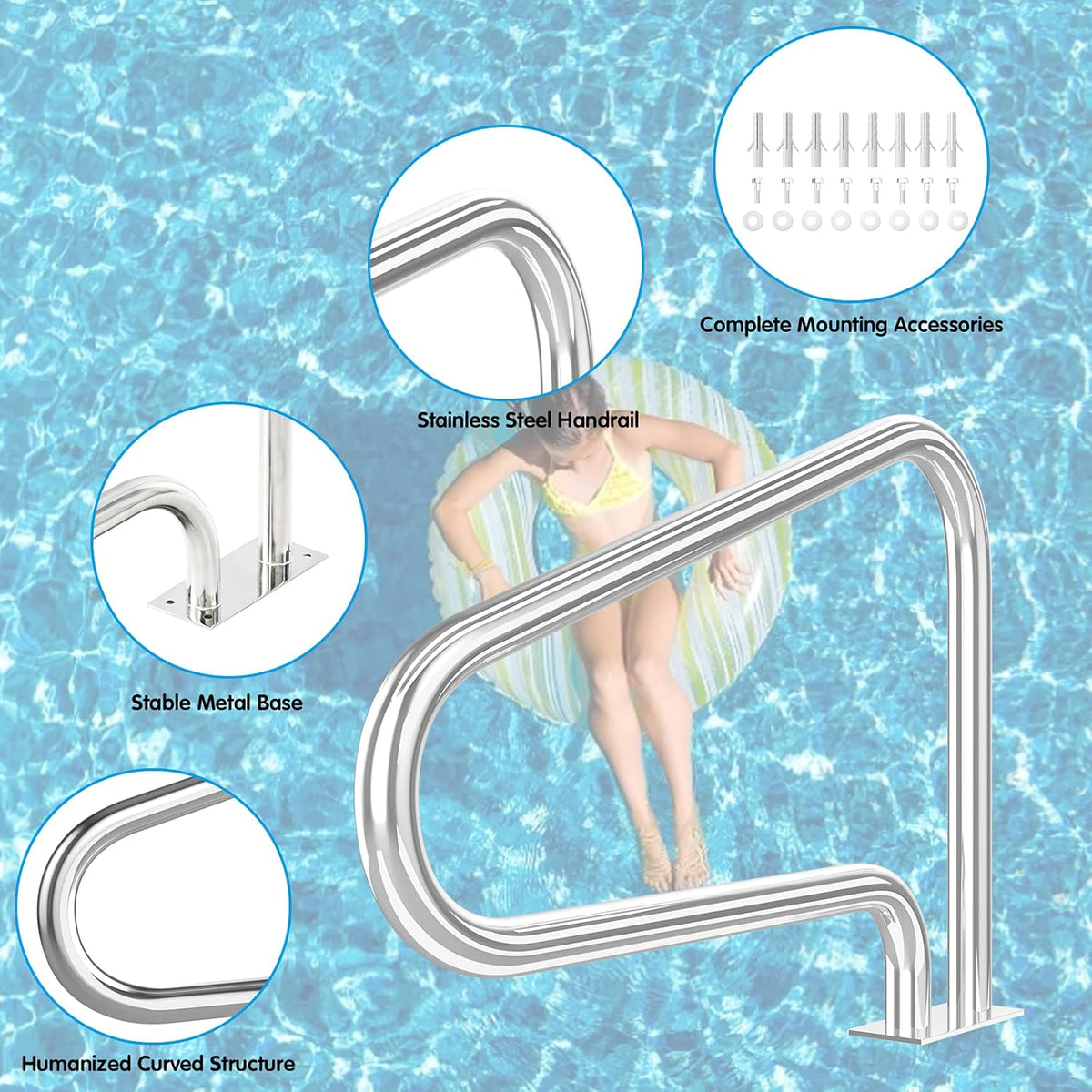 Stainless Steel Pool Hand Rail with Base Plate W1017