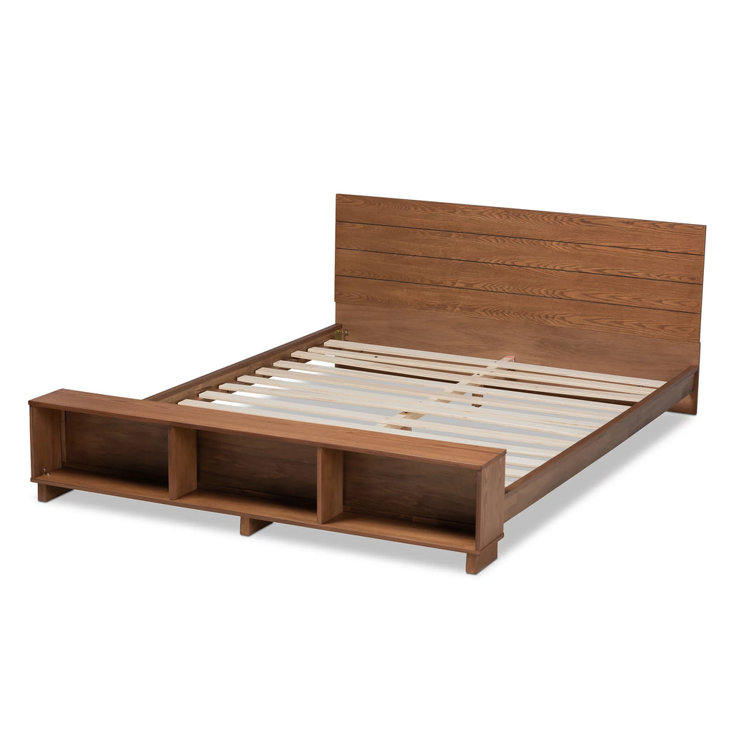 Ash Walnut Brown Wood Full Size Platform Storage Bed with Built-In Shelves W794