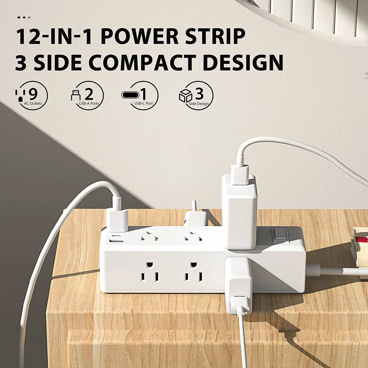 Surge Protector Power Strip with 9 Outlets 2 USB-A 1 USB-C 5 Ft Extension Cord S1115
