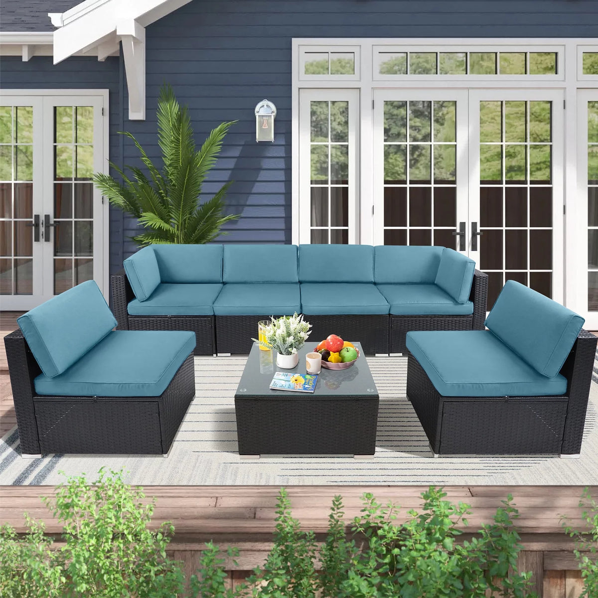7-Pieces Wicker Outdoor Sectional Sofa Set with Haze Blue Cushions H77221