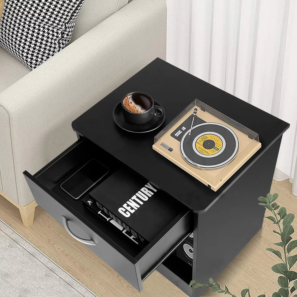 Black 2pcs Wood Nightstand with Drawer T525