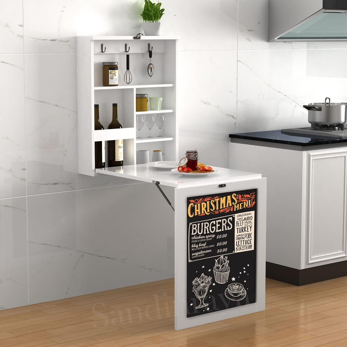 Wall Mounted Desk Fold Down Table Craft Cabinet with Storage Shelves S6585