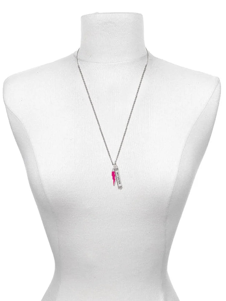 Silvertone Hot Pink Lightning Bolt Sister Bar Charm Necklace, 23" G524
