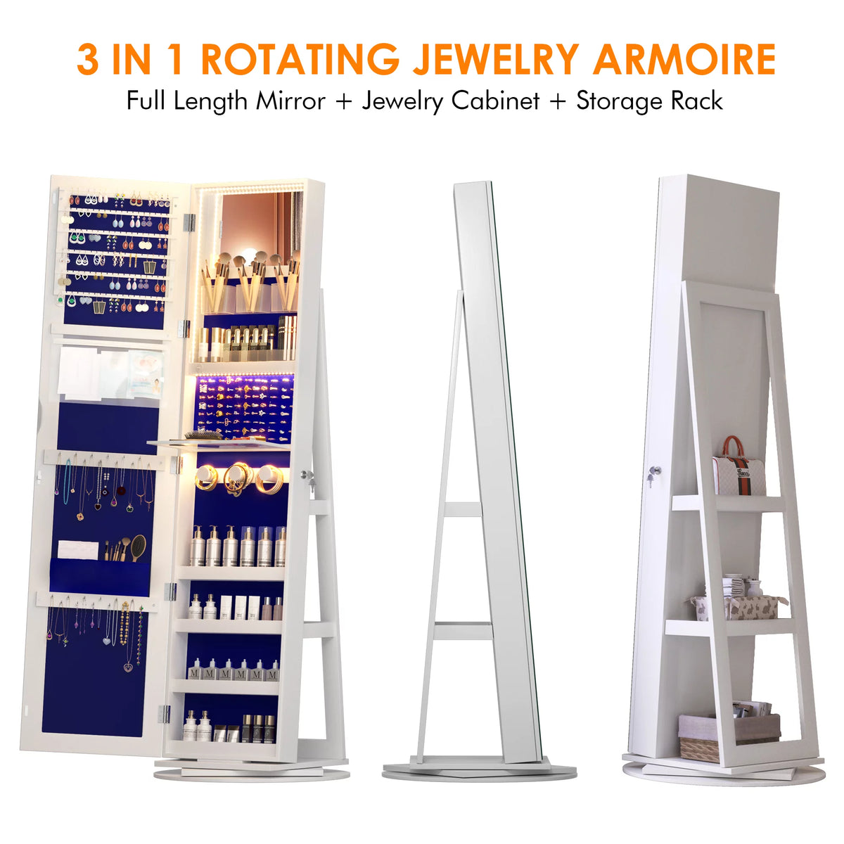 360° Rotating LED Jewelry Armoire with Full Length Mirror D84258