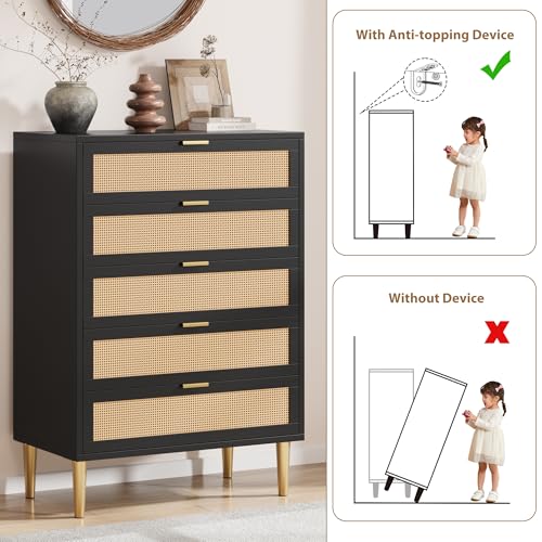 Oak 5 Drawer Rattan Wood Dresser U77548