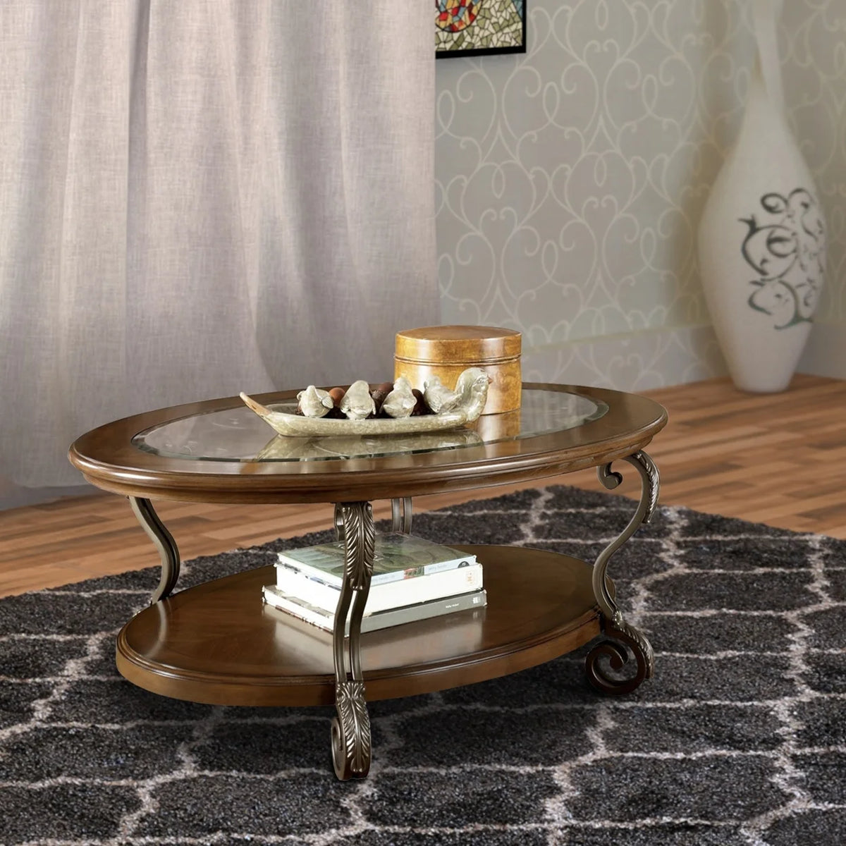 Brown Wooden Oval Cocktail Table with Glass Top N29229