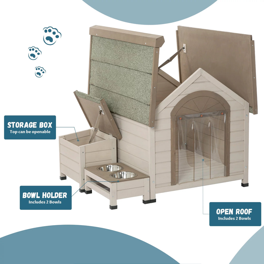 Outdoor Wood Dog House with Feeding Station and Storage Box W641538
