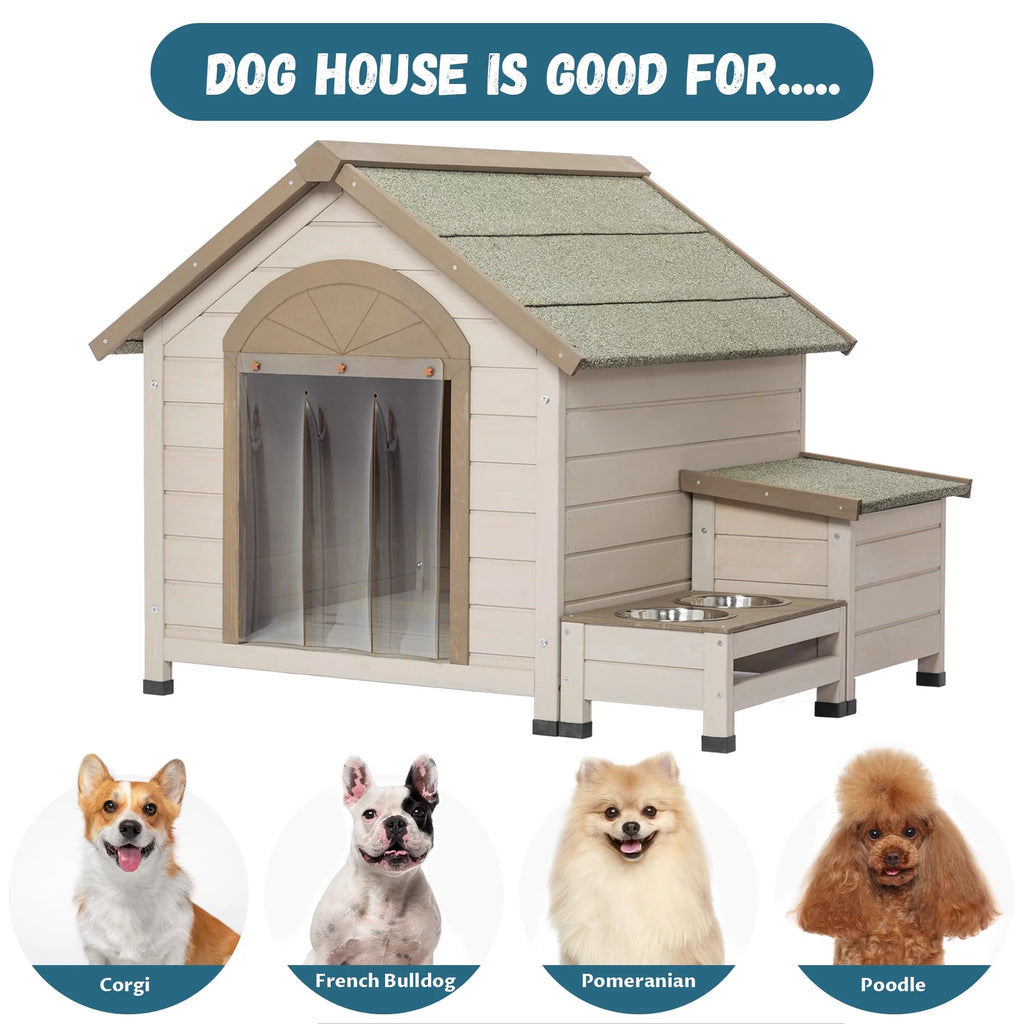 Outdoor Wood Dog House with Feeding Station and Storage Box W641538
