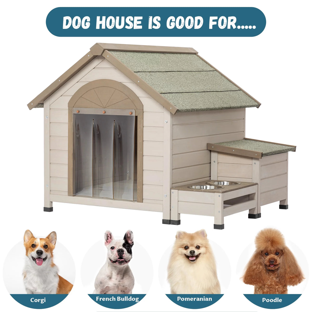 Outdoor Wood Dog House with Feeding Station and Storage Box W641538