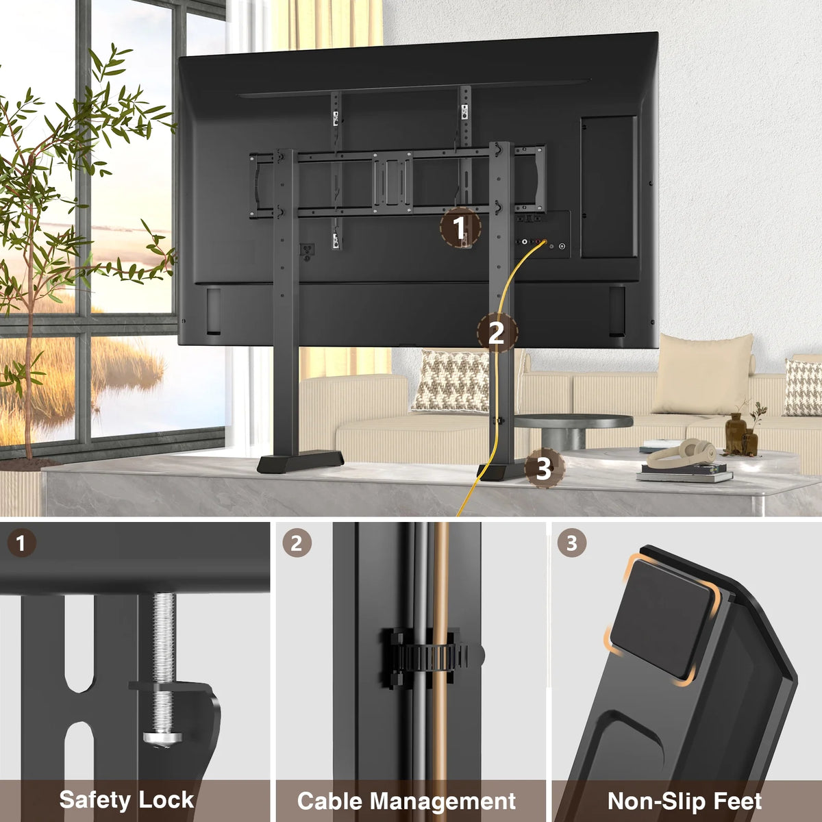 Black Alloy Steel TV Stand for 55 to 90 inch Flat Panel TVs Q81346