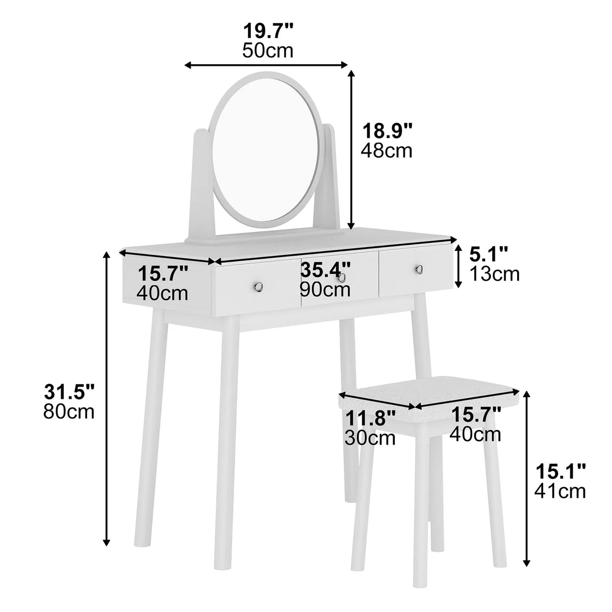 White 3 Drawer Vanity Table Set with Stool and Mirror Q36496
